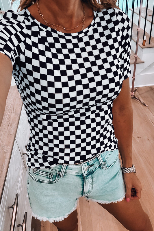 Checkered Ribbed Slim Fit T Shirt