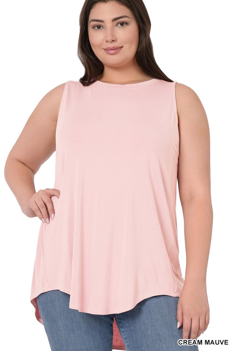 Plus size woman wearing Zenana tank top in cream mauve, perfect for summer style and comfort.