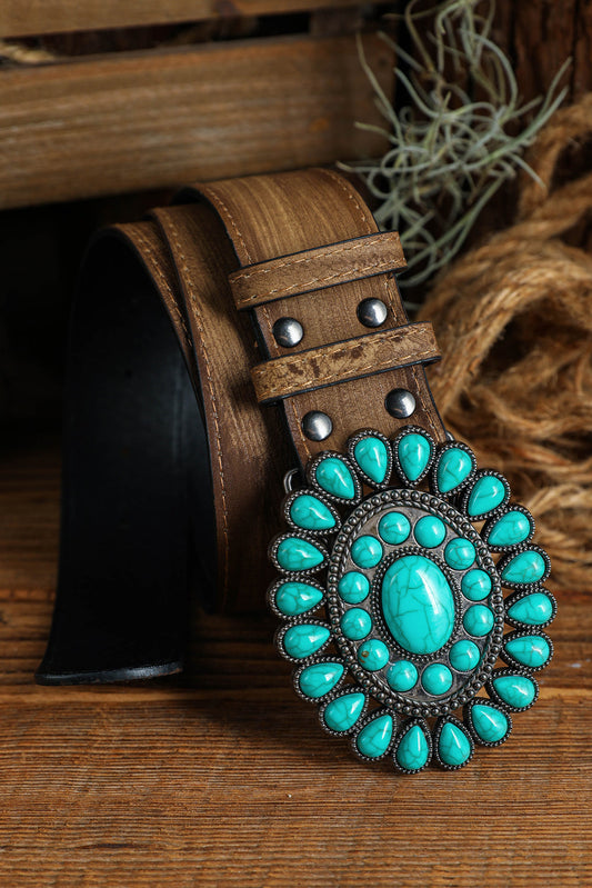 Retro Wide Belt with Turquoise Buckle on Wooden Background