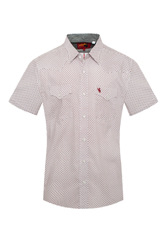Men's short sleeve printed snap button shirt with playful design.