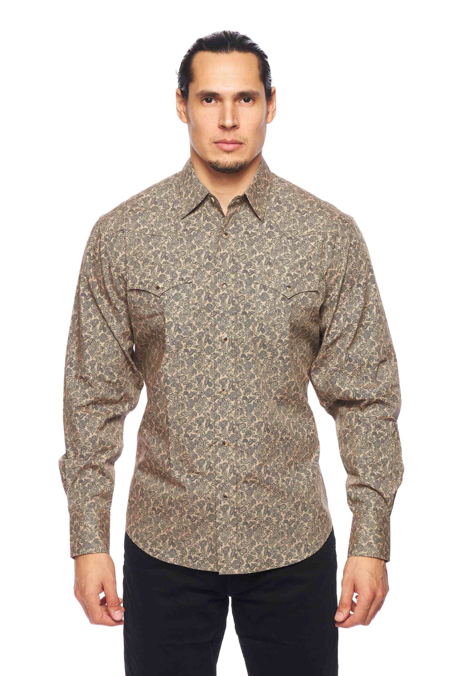 Rodeo Clothing Men's Print Long Sleeve Snap Shirt with classic rodeo design.