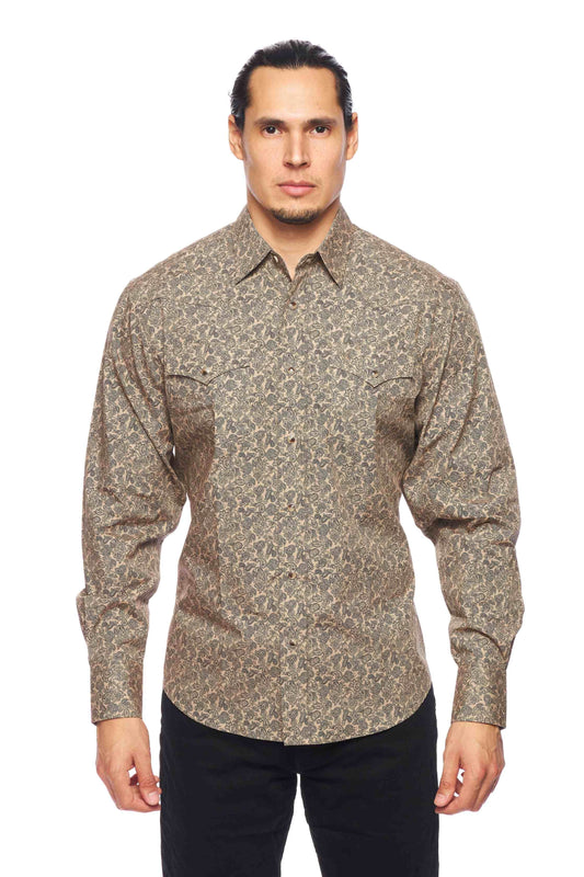 Rodeo Clothing Men's Print Long Sleeve Snap Shirt with classic rodeo design.