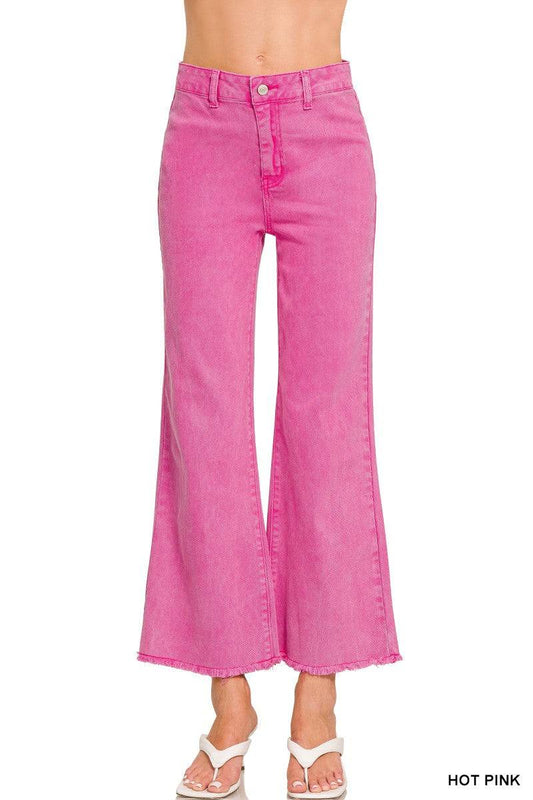 Acid Washed Frayed Cutoff Hem Straight Wide Pants- Zenana
