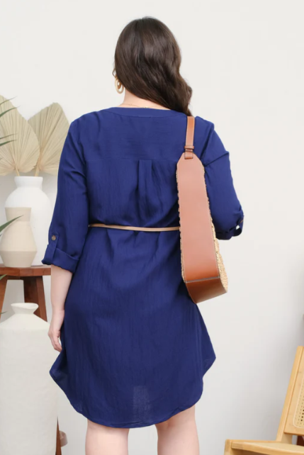 PLUS 3/4 SLEEVE BELTED MINI DRESS