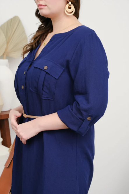 PLUS 3/4 SLEEVE BELTED MINI DRESS