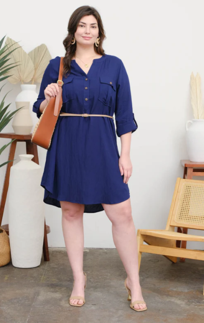 PLUS 3/4 SLEEVE BELTED MINI DRESS