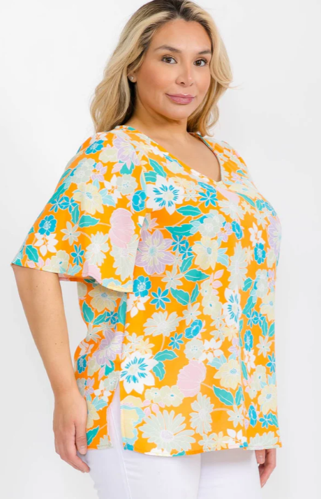 Floral Flutter Sleeve V-neck Top in plus size with colorful floral pattern.