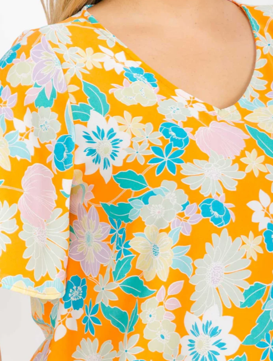 Floral Flutter Sleeve V-neck Top- Plus Size
