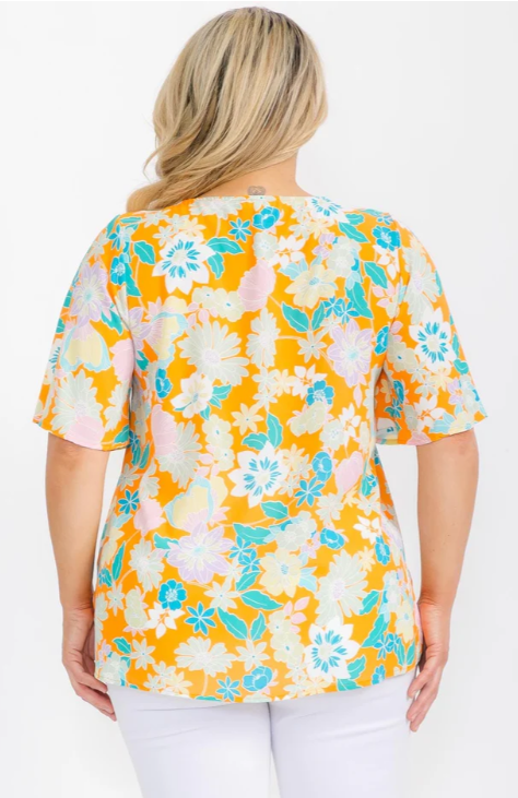 Floral Flutter Sleeve V-neck Top- Plus Size