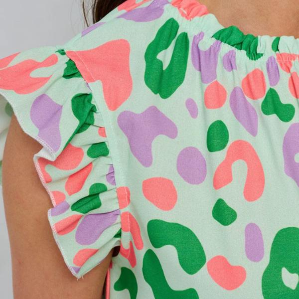 RUFFLE SLEEVE TUNIC MULTI PRINT BLOUSE