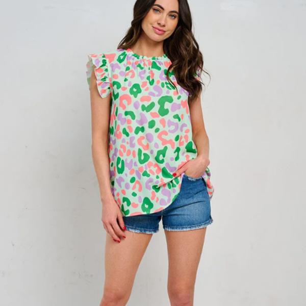 RUFFLE SLEEVE TUNIC MULTI PRINT BLOUSE