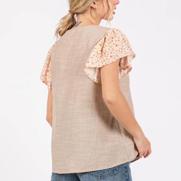 SHORT RUFFLE SLEEVE STRIPES BLOUSE