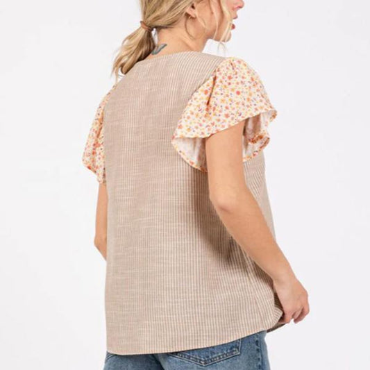 SHORT RUFFLE SLEEVE STRIPES BLOUSE