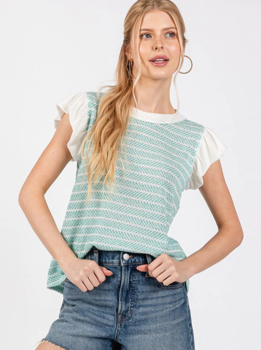 WOMEN'S SHORT RUFFLE SLEEVE STRIPES COLORBLOCK BLOUSE