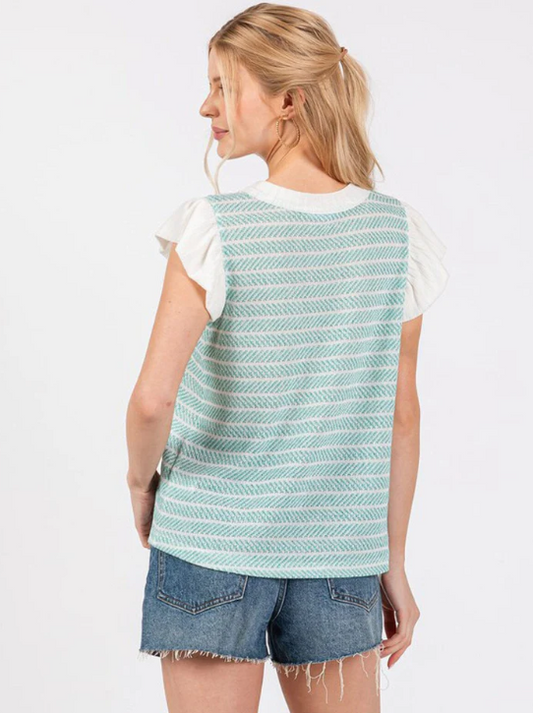 WOMEN'S SHORT RUFFLE SLEEVE STRIPES COLORBLOCK BLOUSE