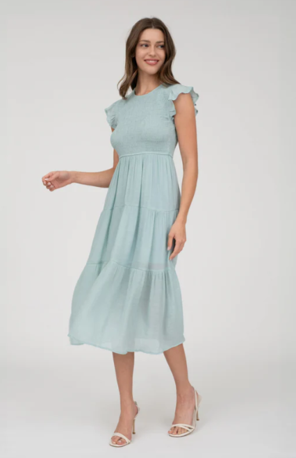 SMOCKED TIERED MIDI DRESS with flattering smocked waist and tiered design.