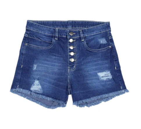 Distressed denim MYRA- Tranquil Shorts with button closure.