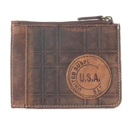 MYRA-FAULK Credit Card Holder made of genuine leather in brown with embossed U.S.A. design.