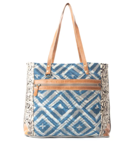 Rhombic pattern tote bag with azure design and leather trim.