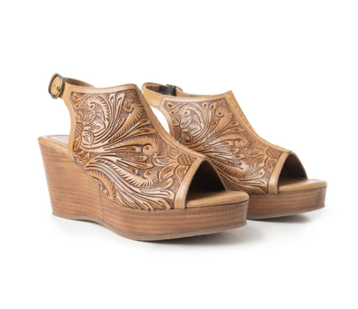 MYRA- Mila's Trail Sandals in brown with floral leather design and adjustable strap.