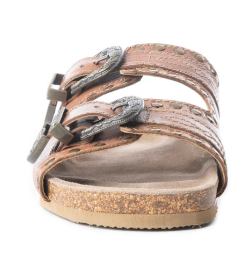 Brown sandal with metallic accents on a white background