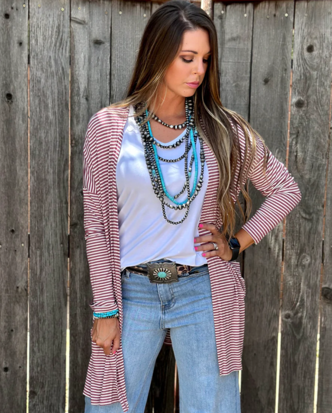 Mauve Striped Mid-Length Cardigan