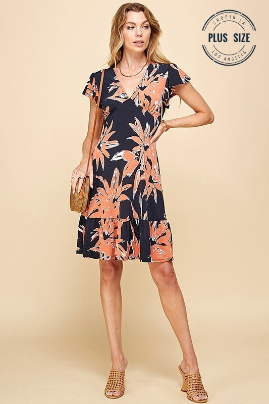 Floral Print V-Neck Summer Dress With Ruffle- Plus Size