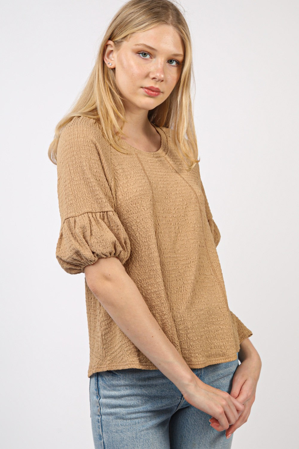 Crinkle Knit Top with Half Puff Sleeves