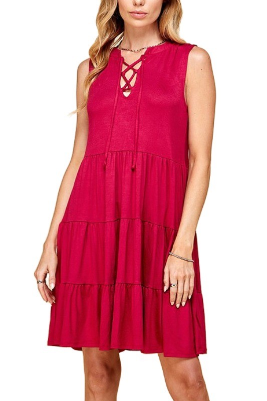 Solid sleeveless front lace tiered dress in vibrant red.