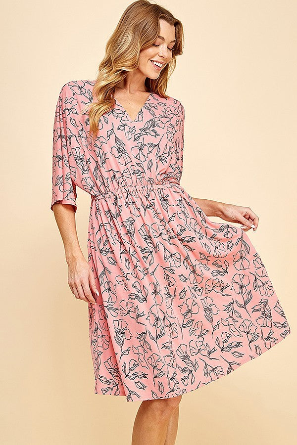FLORAL DOLMAN SLEEVES FAUX WRAP SHORT DRESS