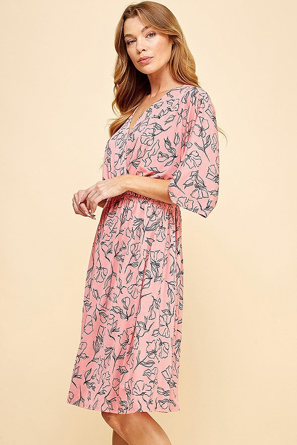 Floral dolman sleeves faux wrap short dress in pink designed for summer.