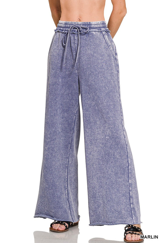 ZENANA- Acid Wash Fleece Palazzo Sweatpants With Pockets