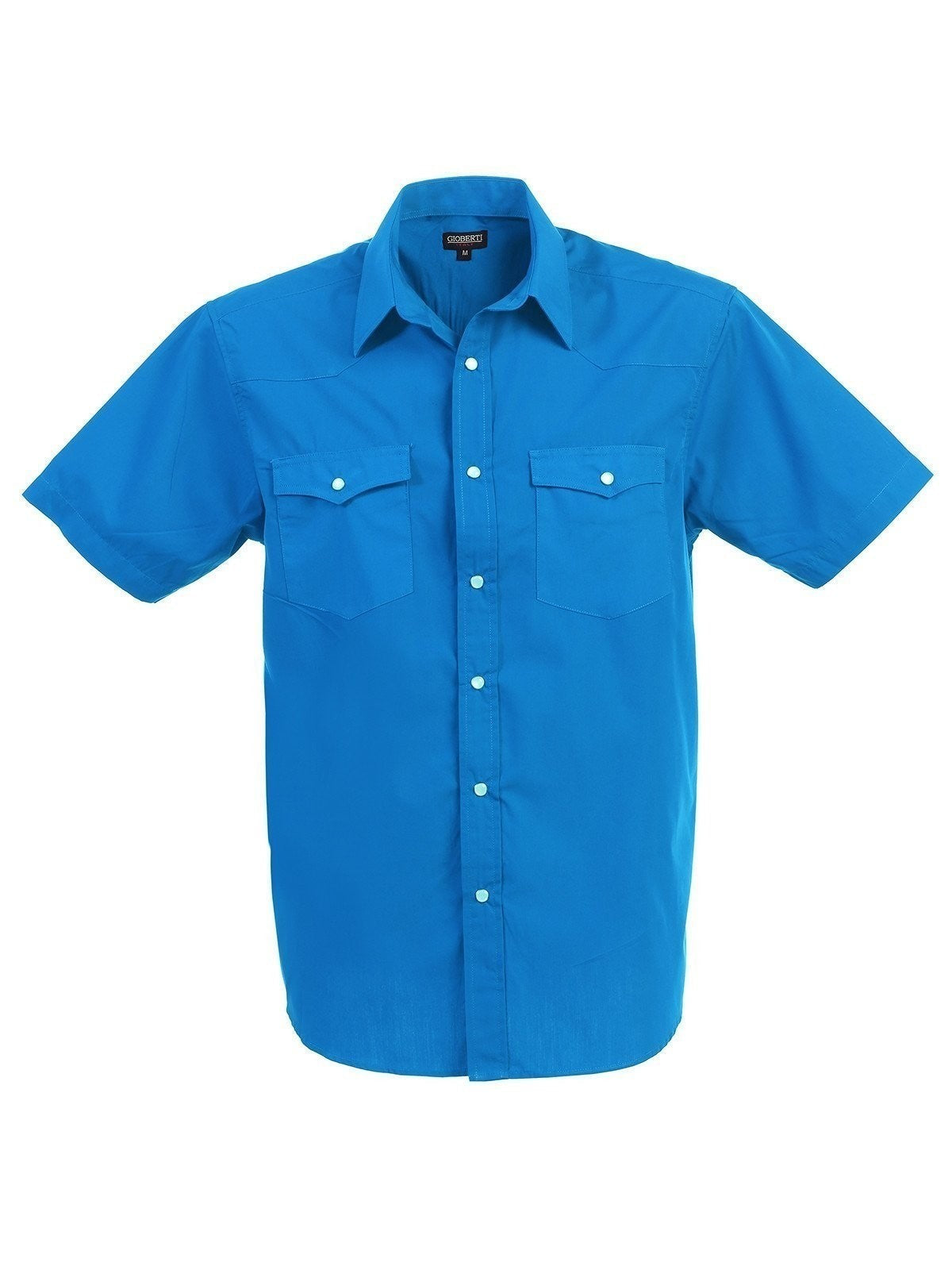 Men's short sleeve solid blue Western shirt with button-down front and chest pockets.
