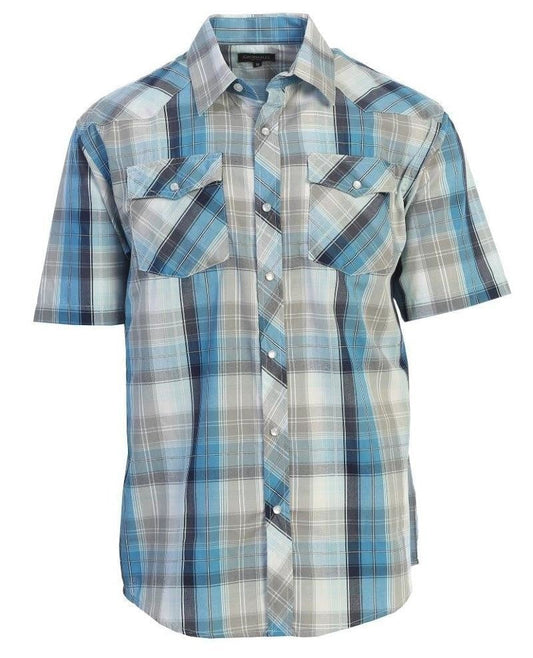 Men's short sleeve plaid pearl snap shirt with classic cowboy style.