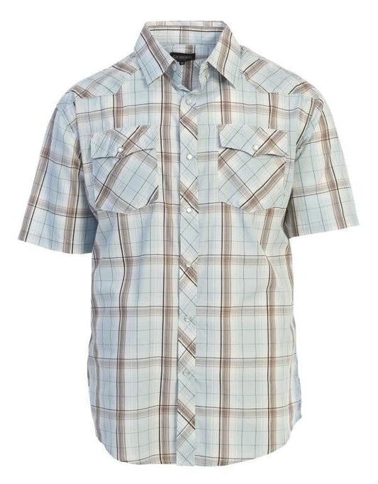 Men's short sleeve printed pearl snap shirt with classic plaid pattern.