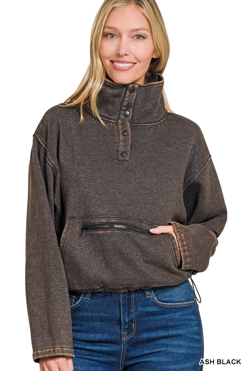 Zenana- Acid Wash Fleece Half Snap Pullover W Kangaroo Pocket