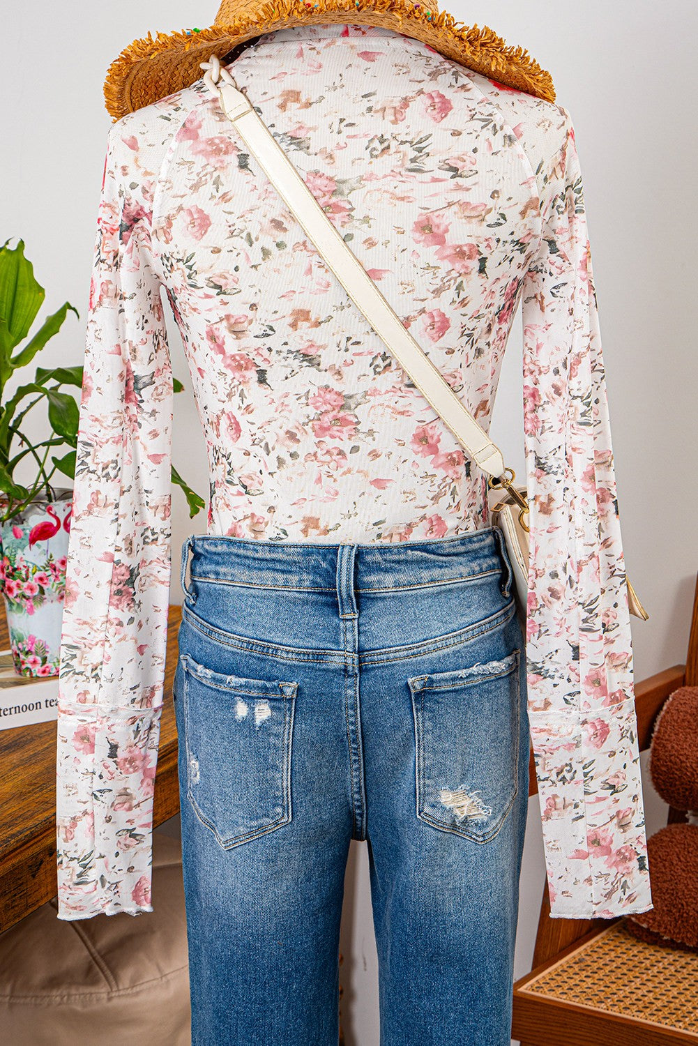 Floral Long Sleeve High Neck Sheath Mesh Top