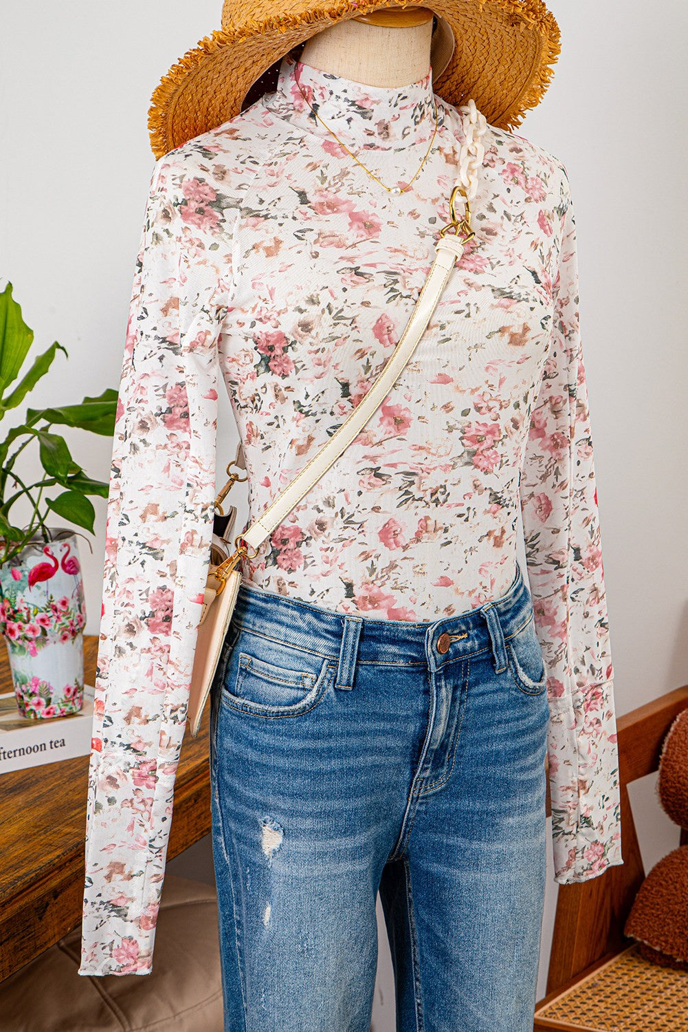 Floral Long Sleeve High Neck Sheath Mesh Top