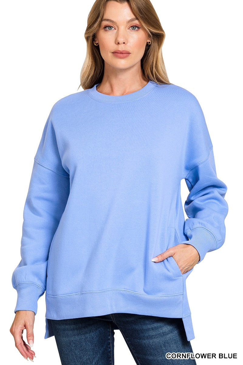 ZENANA- Fleece Hi-low Boyfriend Sweatshirt With Pockets
