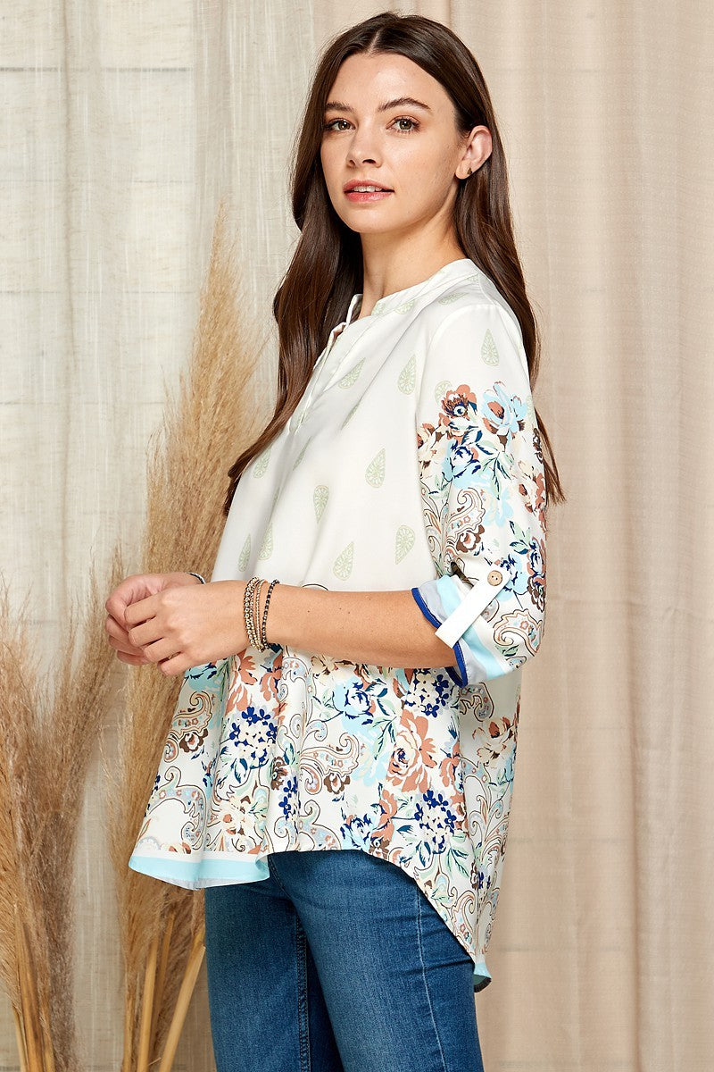 Multi Floral Gabby Collar Roll Up Sleeve Top