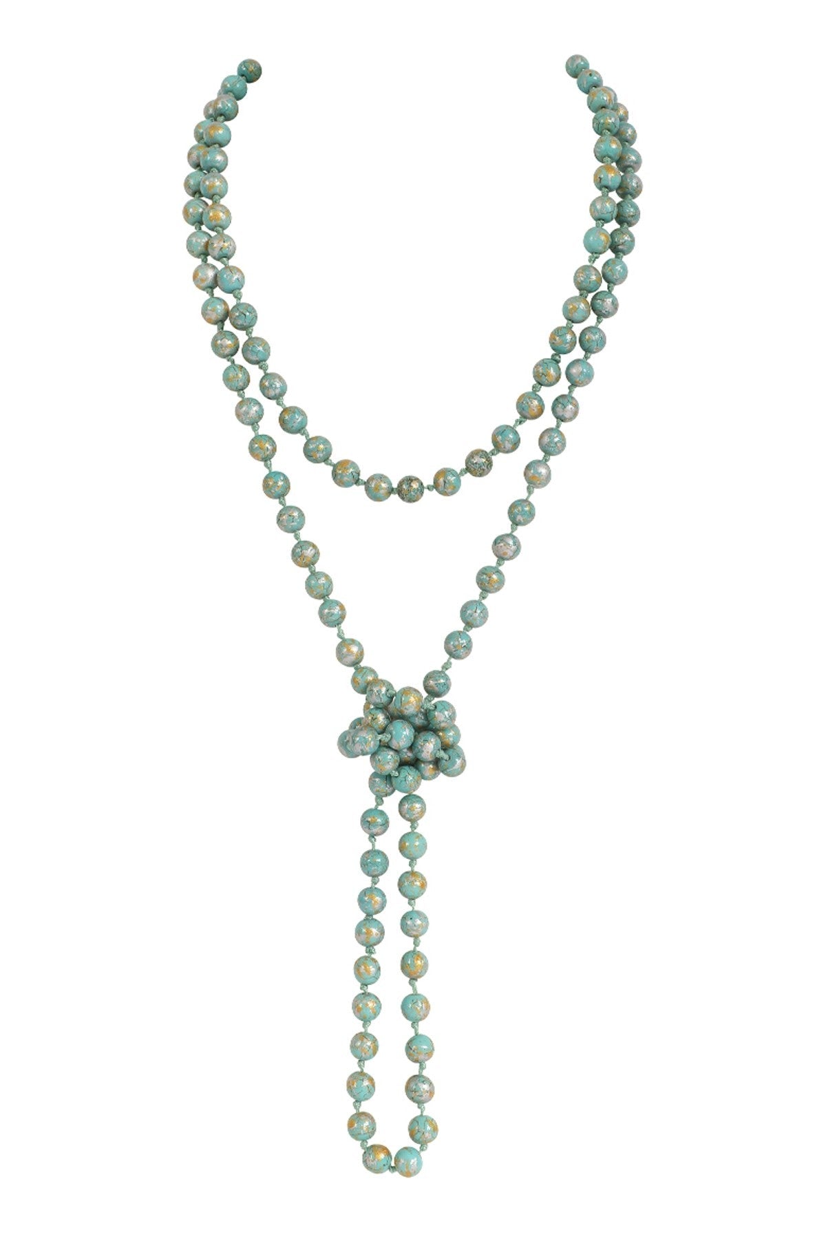 Versatile long natural stone beaded necklace, elegant earthy bead design, adjustable styling.