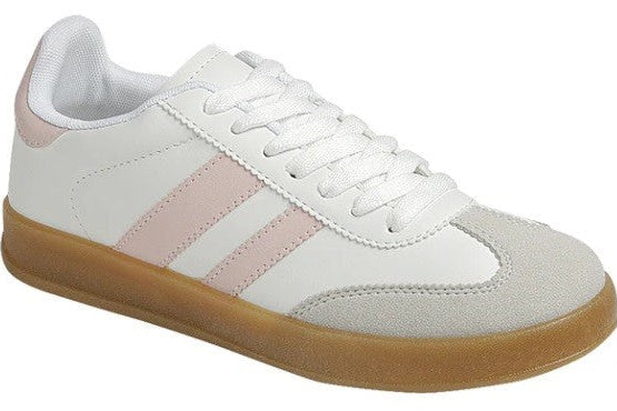 Low top sneakers with a stylish mix of pink, black, and green, featuring a comfortable design.