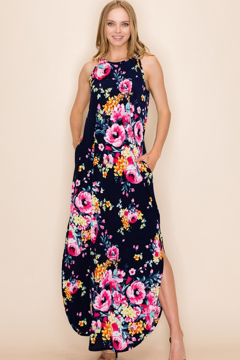 Floral Print Maxi Slit Dress- Plus Size