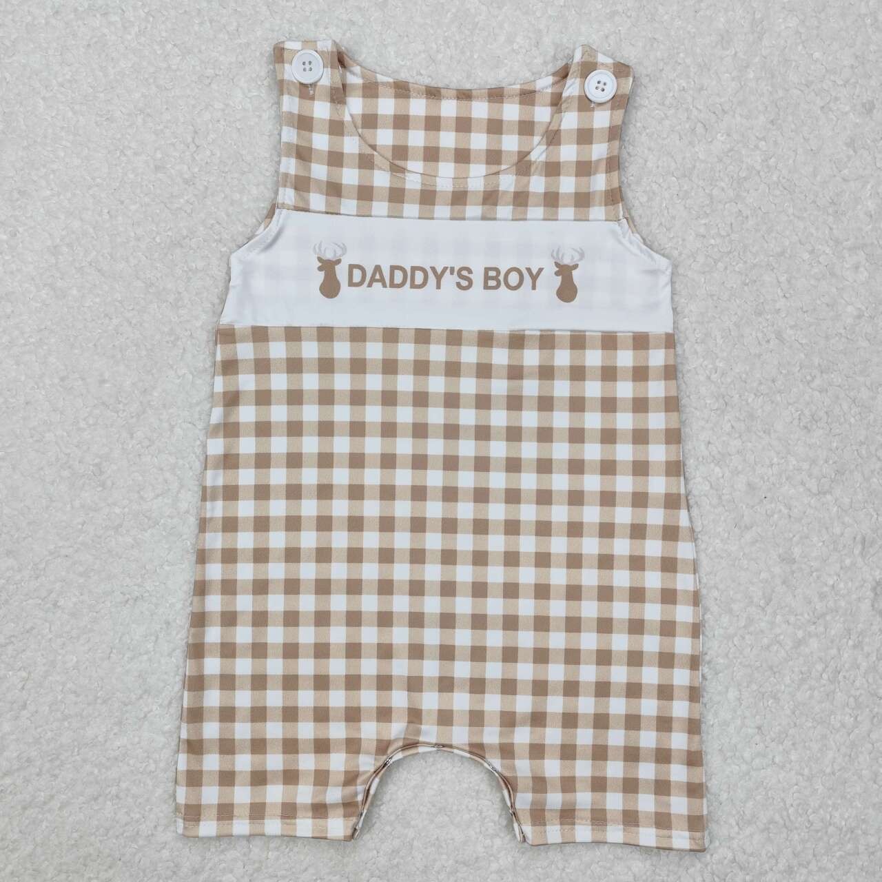 Baby Boys' Romper: Khaki Plaid with Daddy's Boy Deer