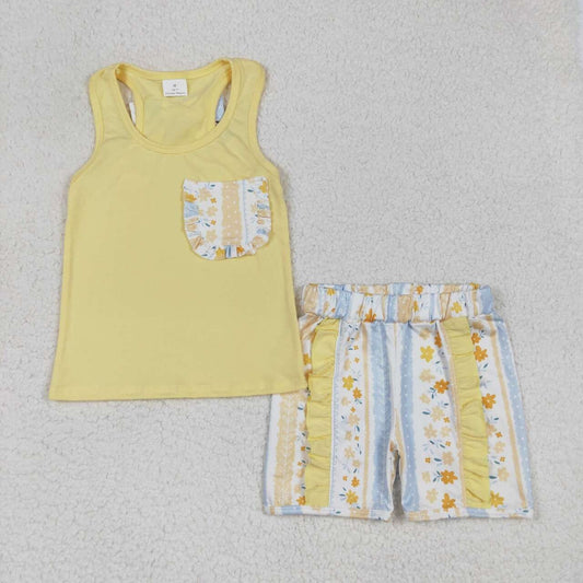 Girls' Clothing Set: Yellow Sleeveless Top with Floral Shorts