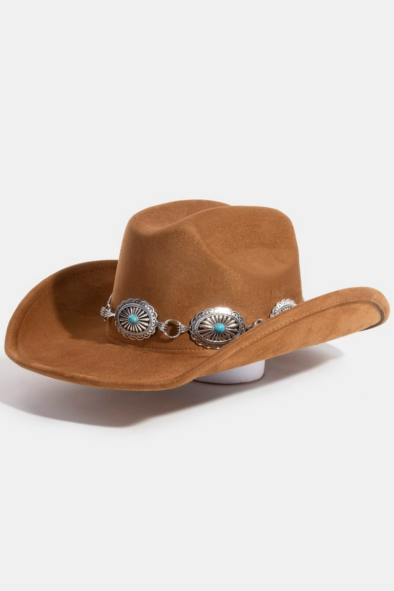 Turquoise Stud Concho Belt Western Cowboy Hat with adjustable fit and boho-chic design.