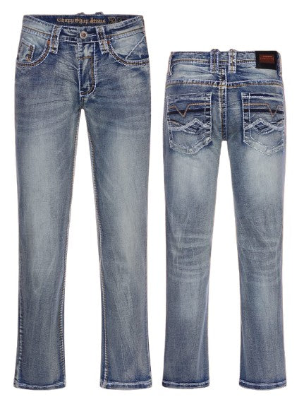 Chop Shop Men's Boot Cut Jeans in classic blue denim, front and back view.