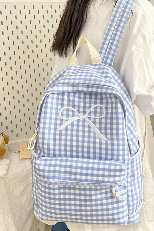 Coquette Bow Embroidered Checkered Backpack