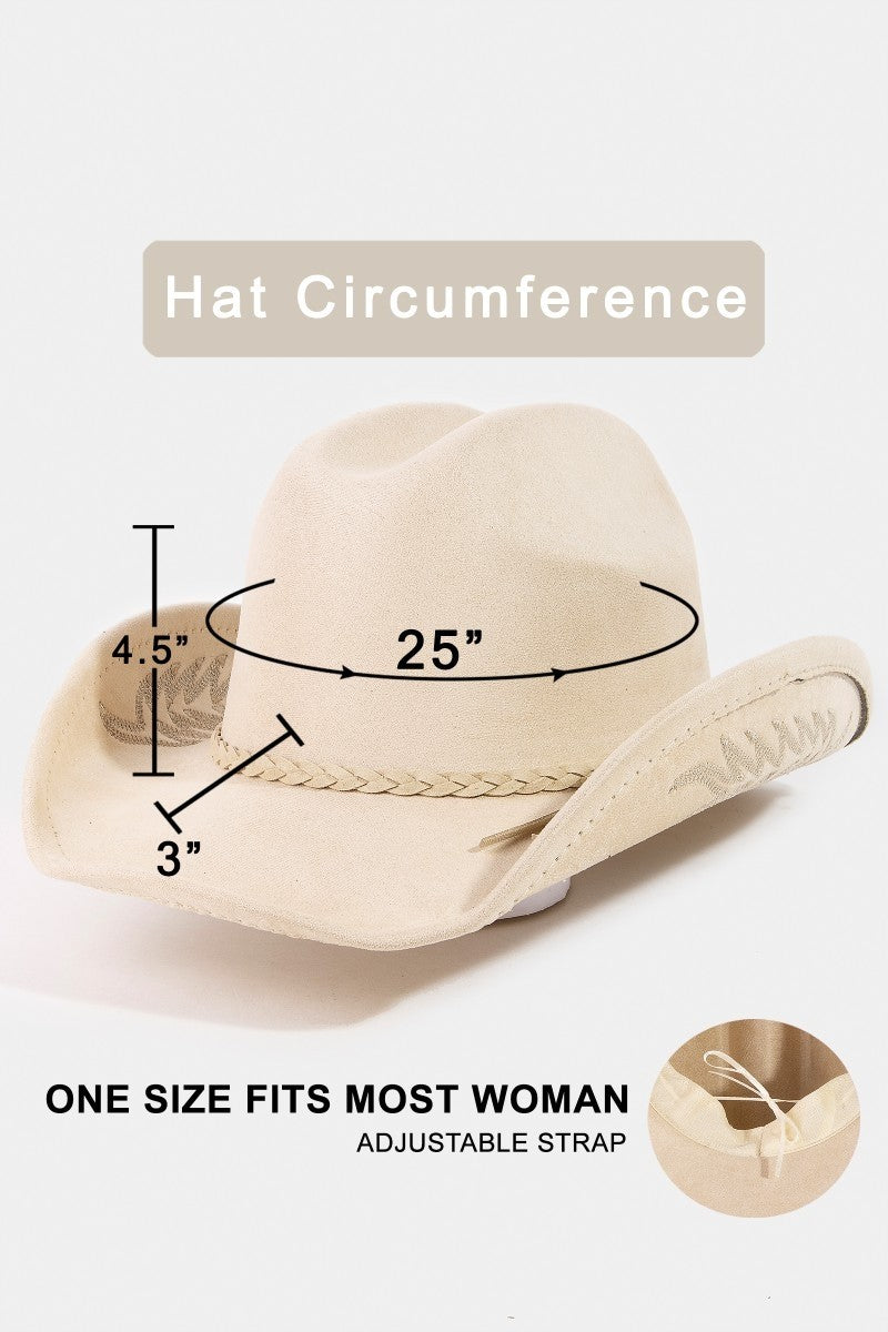 Braided Strap Embroidered Faux Suede Cowboy Hat