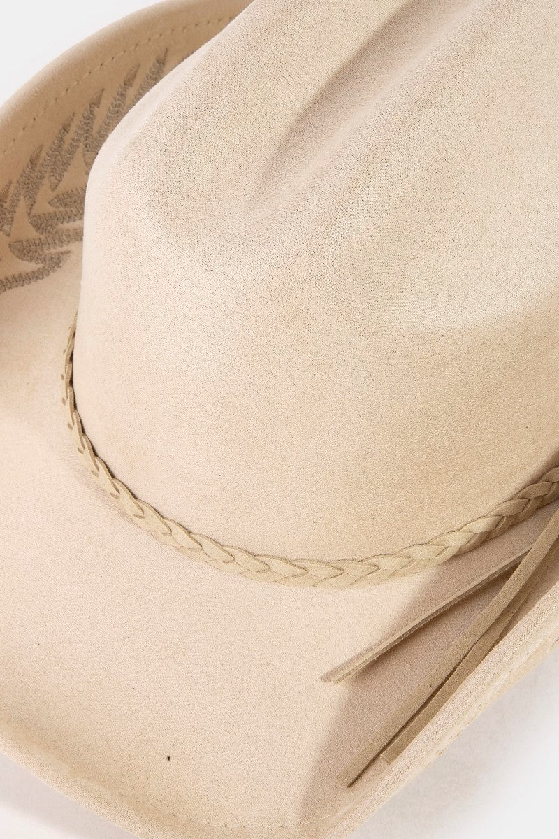 Braided Strap Embroidered Faux Suede Cowboy Hat